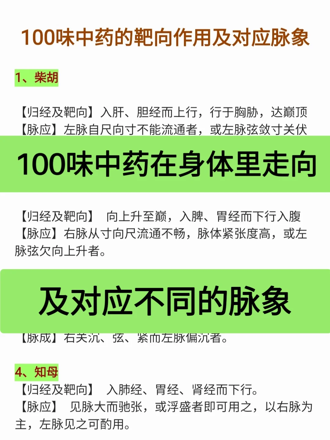 100味中药在身体里走向，对应脉象，引经药