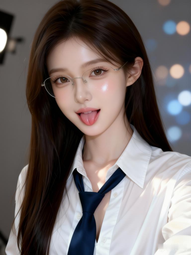 元气少女，眼镜甜美，白衬衫蓝领带，俏皮可爱！😍📸