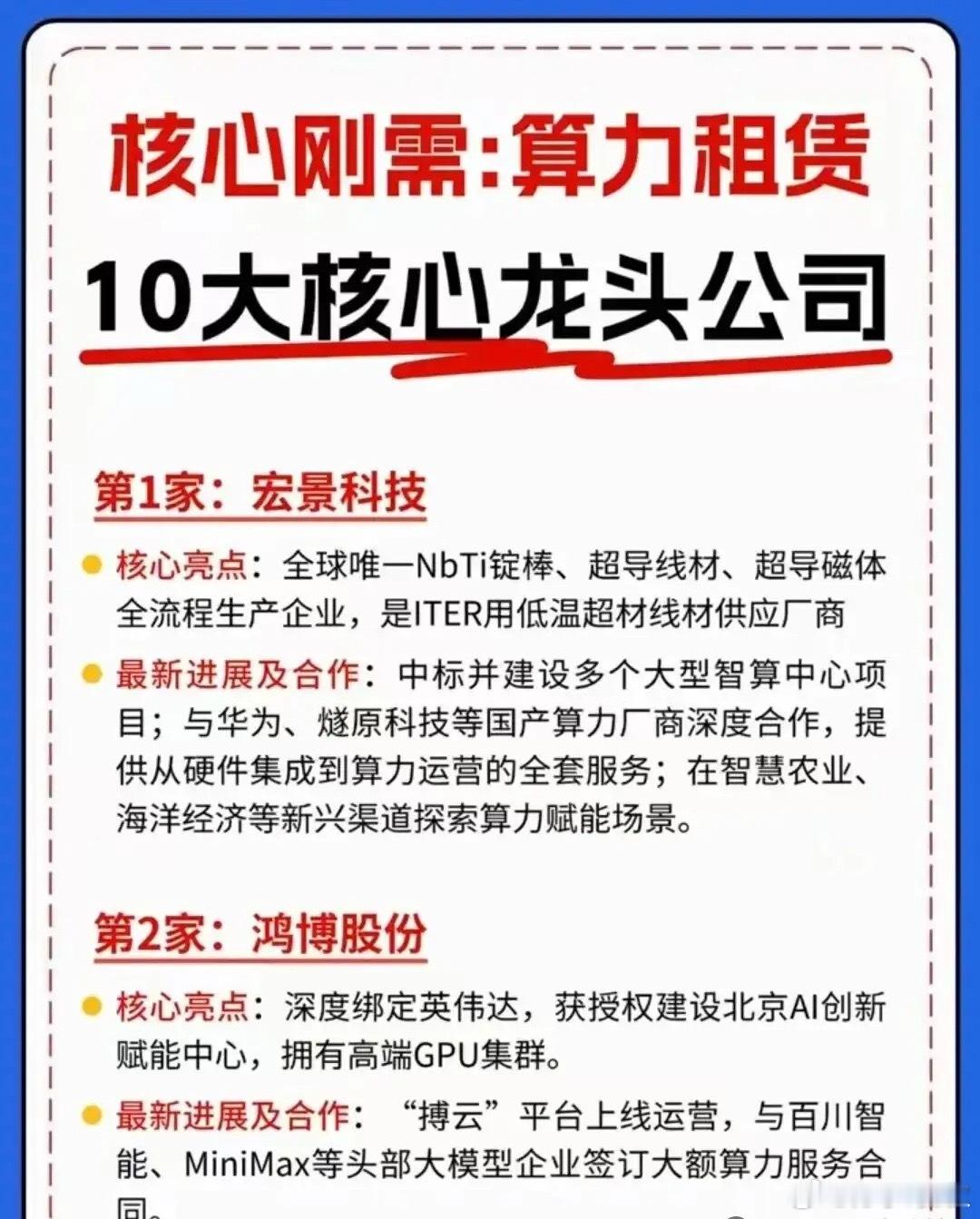  AI时代核心刚需！算力租赁10大龙头全梳理。✅宏景科技：智算中心项目落地，软硬