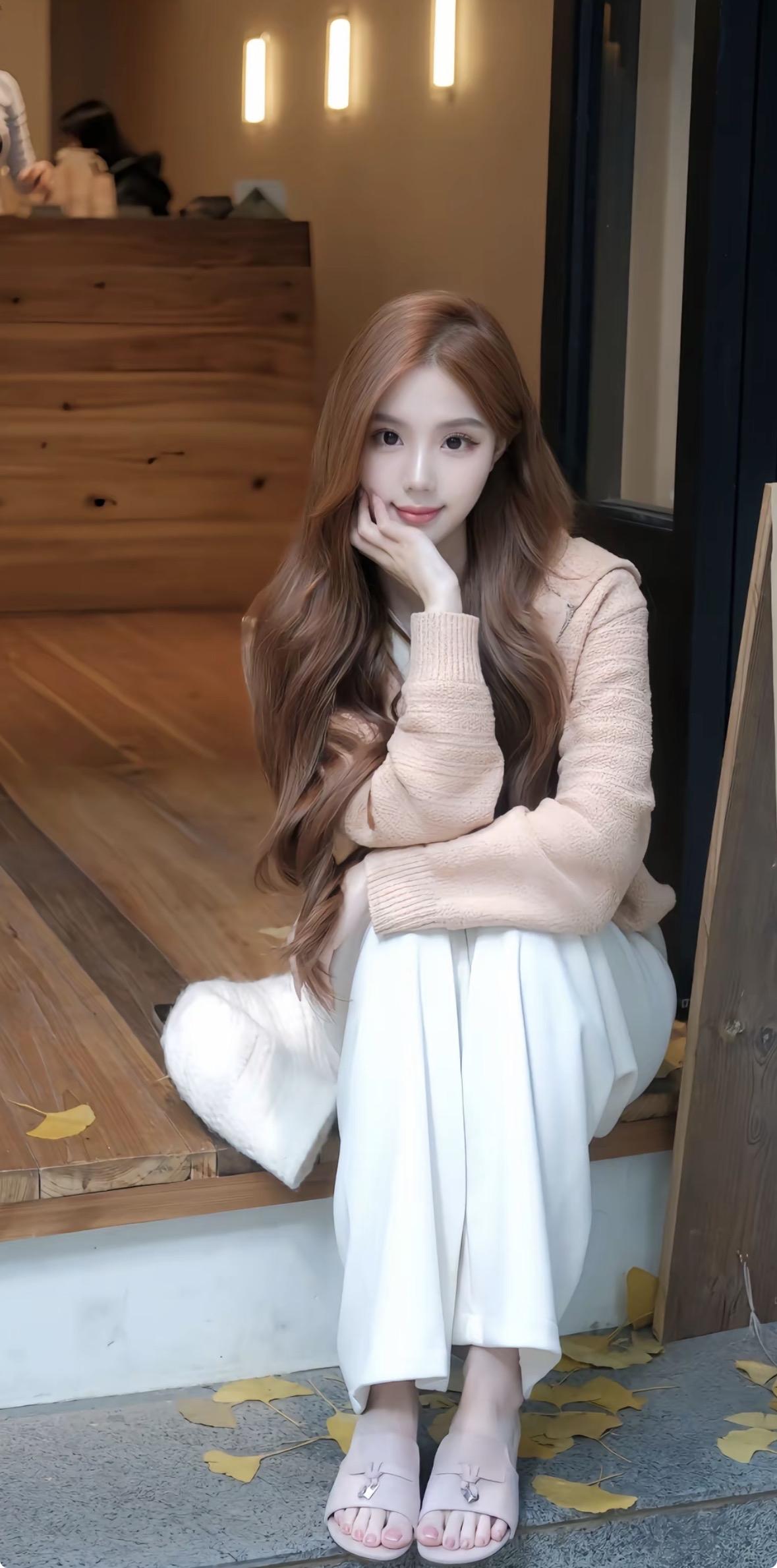 秋日暖阳下，温柔少女坐木阶，轻抚发丝，静享时光。