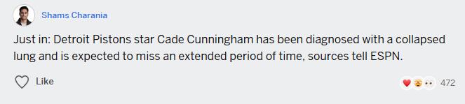 完了！活塞噩耗：CC凯德康宁汉姆被查出肺塌陷（气胸）将休战一段时间。
虽然活塞不