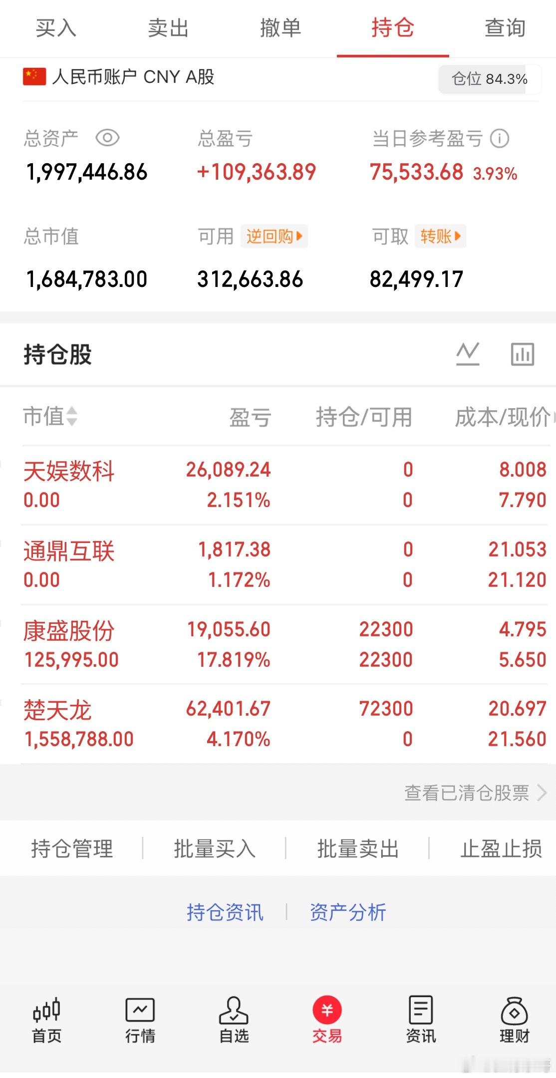 当前持仓：      楚天龙     康盛⚠️免责提示全部盘面观点与操作思路具备