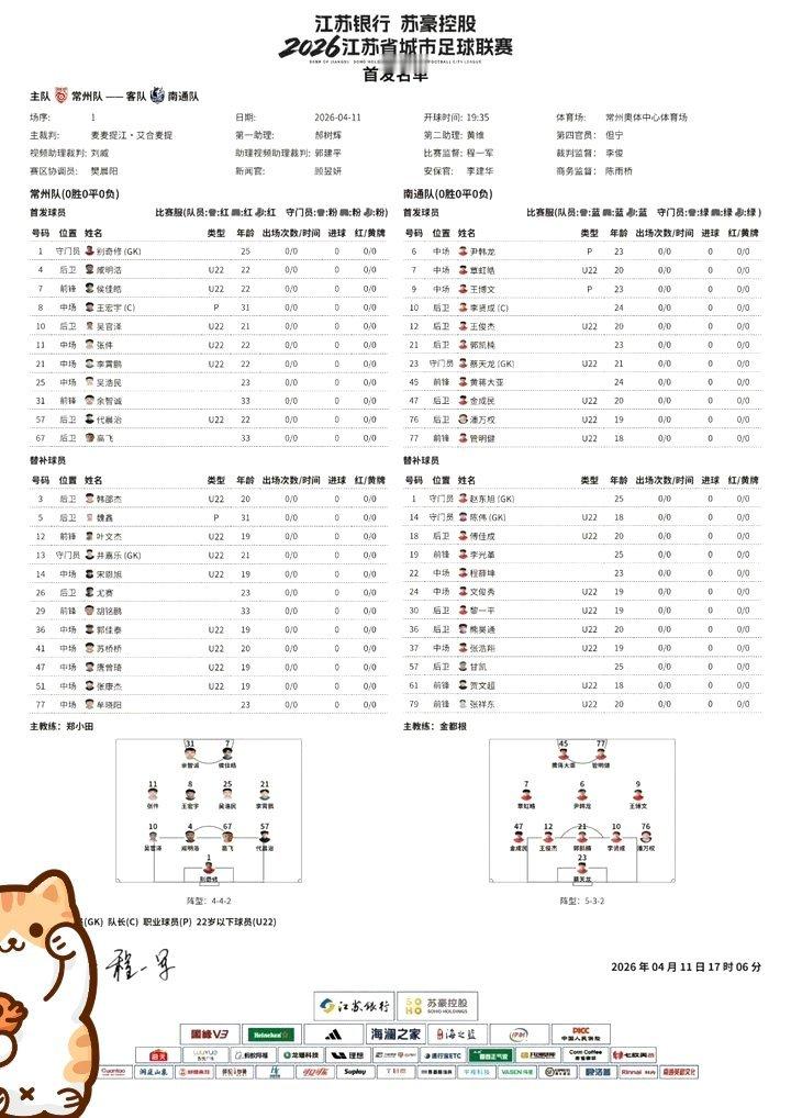 苏超常州vs南通首发名单苏超常州vs南通 首发太有看点！常州阵容完整，黄紫昌领衔