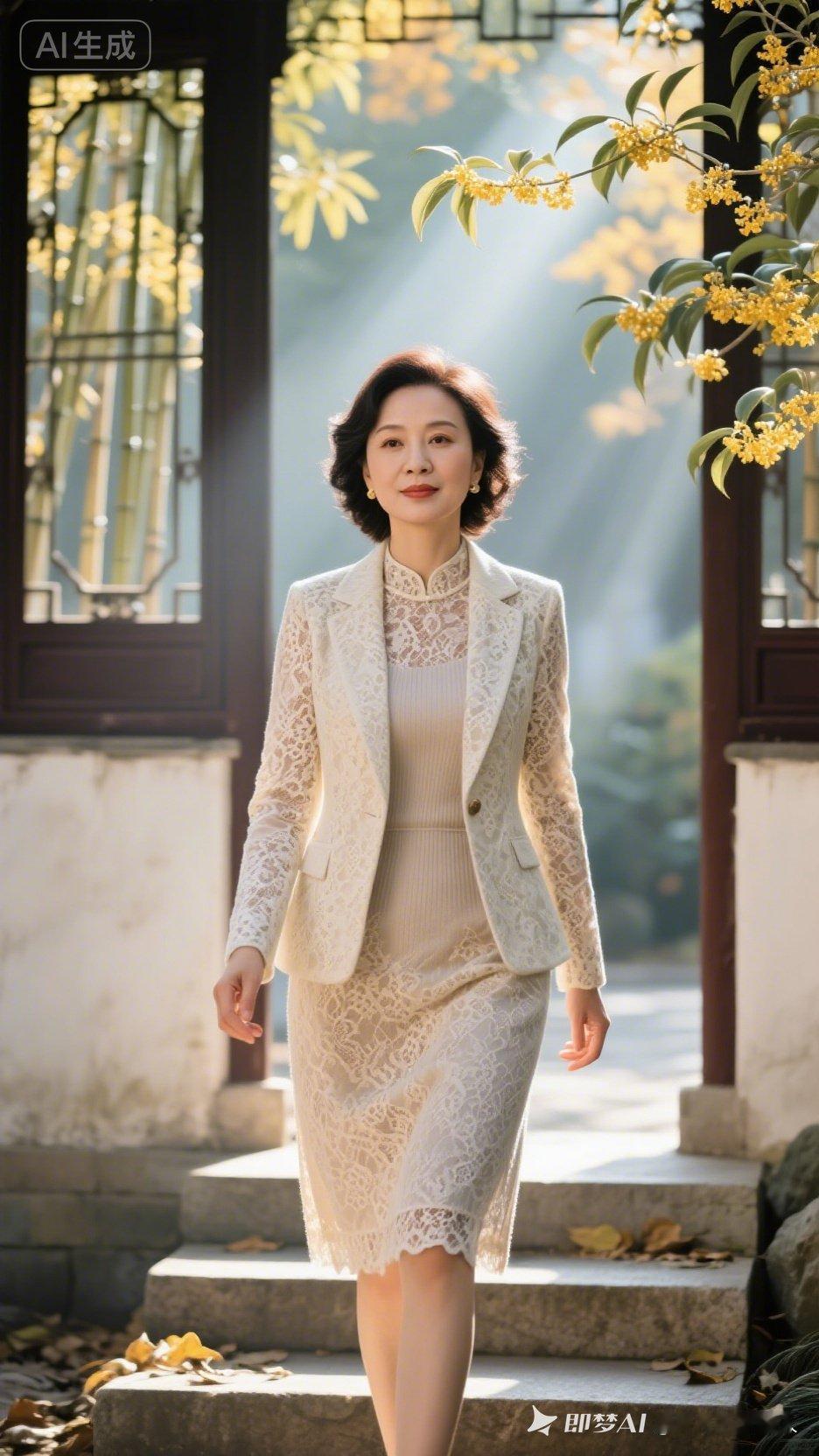 这位女士穿着优雅的蕾丝套装，走在阳光明媚的小路上。