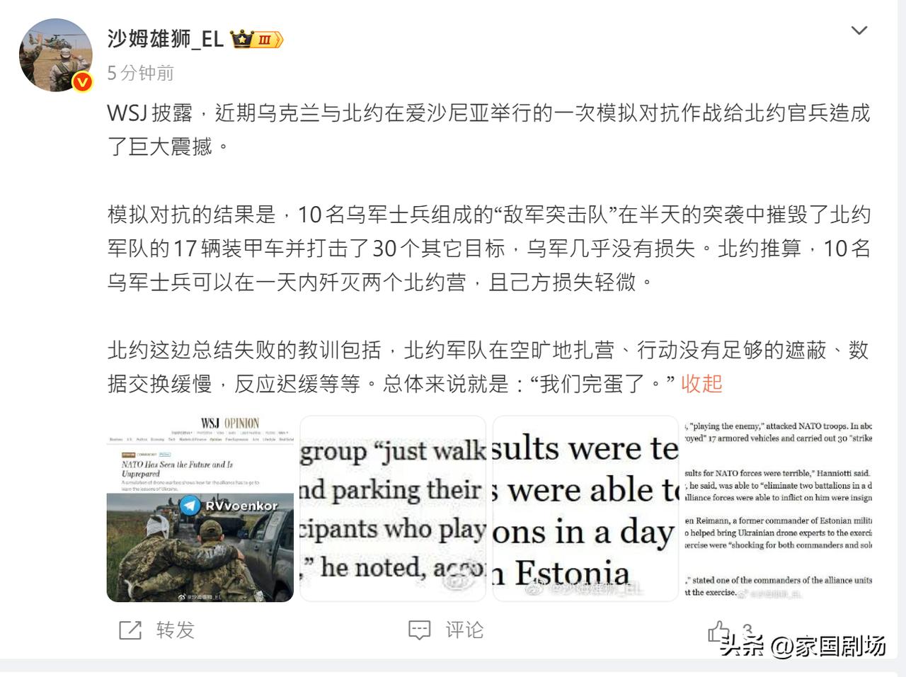 乌乌强大，和平军团强大！
     北约机械化部队与乌军10人小队的对抗演练——