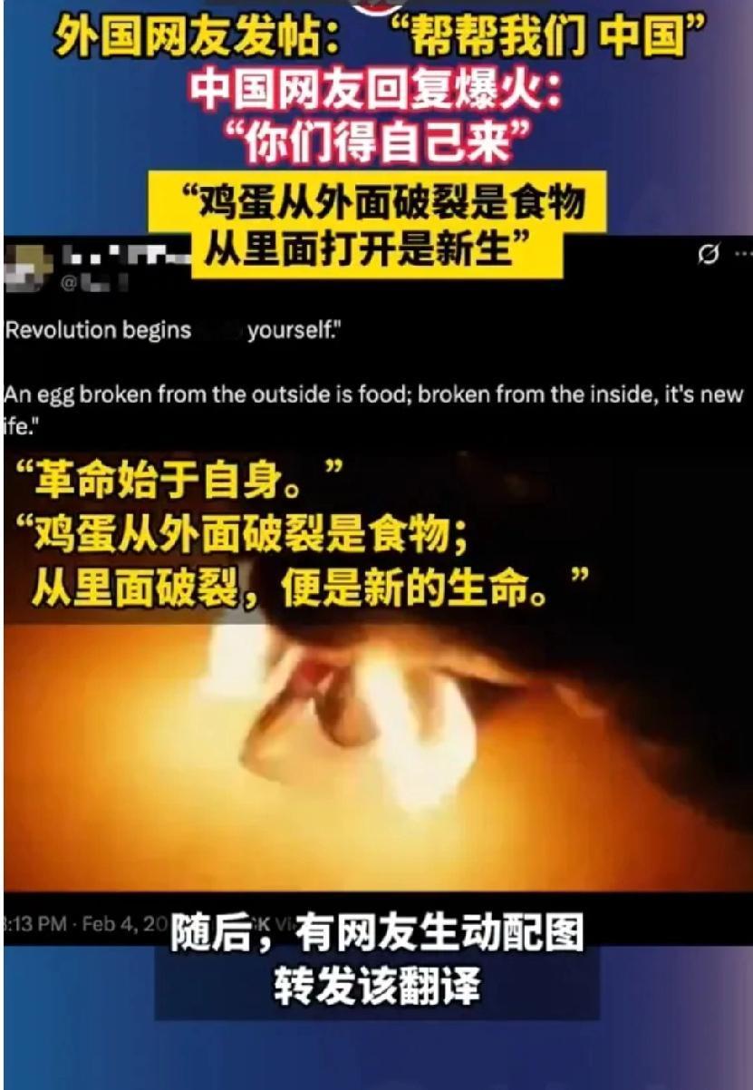 外国网友喊着没鸡蛋了求帮忙，中国网友回复“你们自己来拿，鸡蛋从外面破裂是食物，从