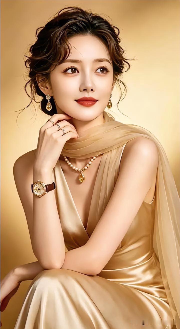 现代散文诗

香槟色的绸缎流淌着温柔的光，

碎发轻挽，珠玉点缀颈间。

抬眸处