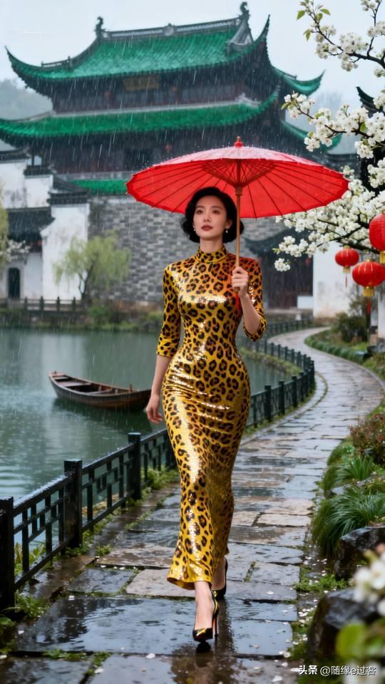 美女雨中漫步，感受江南水乡的诗意与浪漫。连衣长裙 美女壁纸