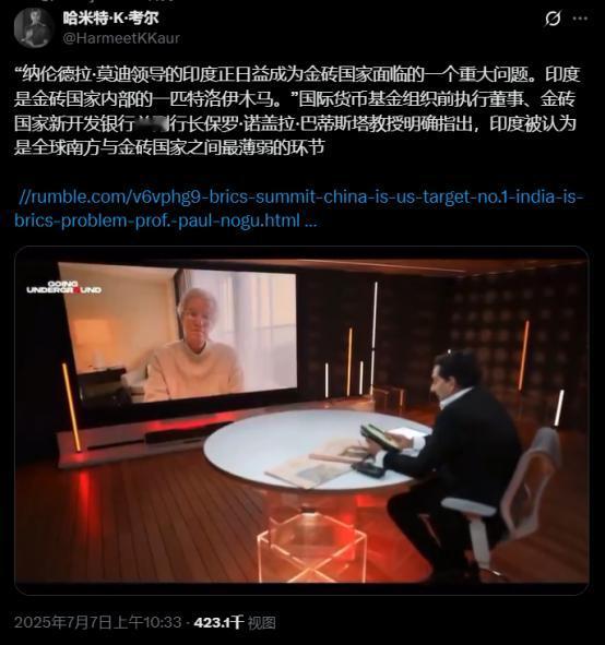 “印度是个异类，我不想夸大其词，但有些人甚至说印度有点像金砖国家内部的一匹‘特洛