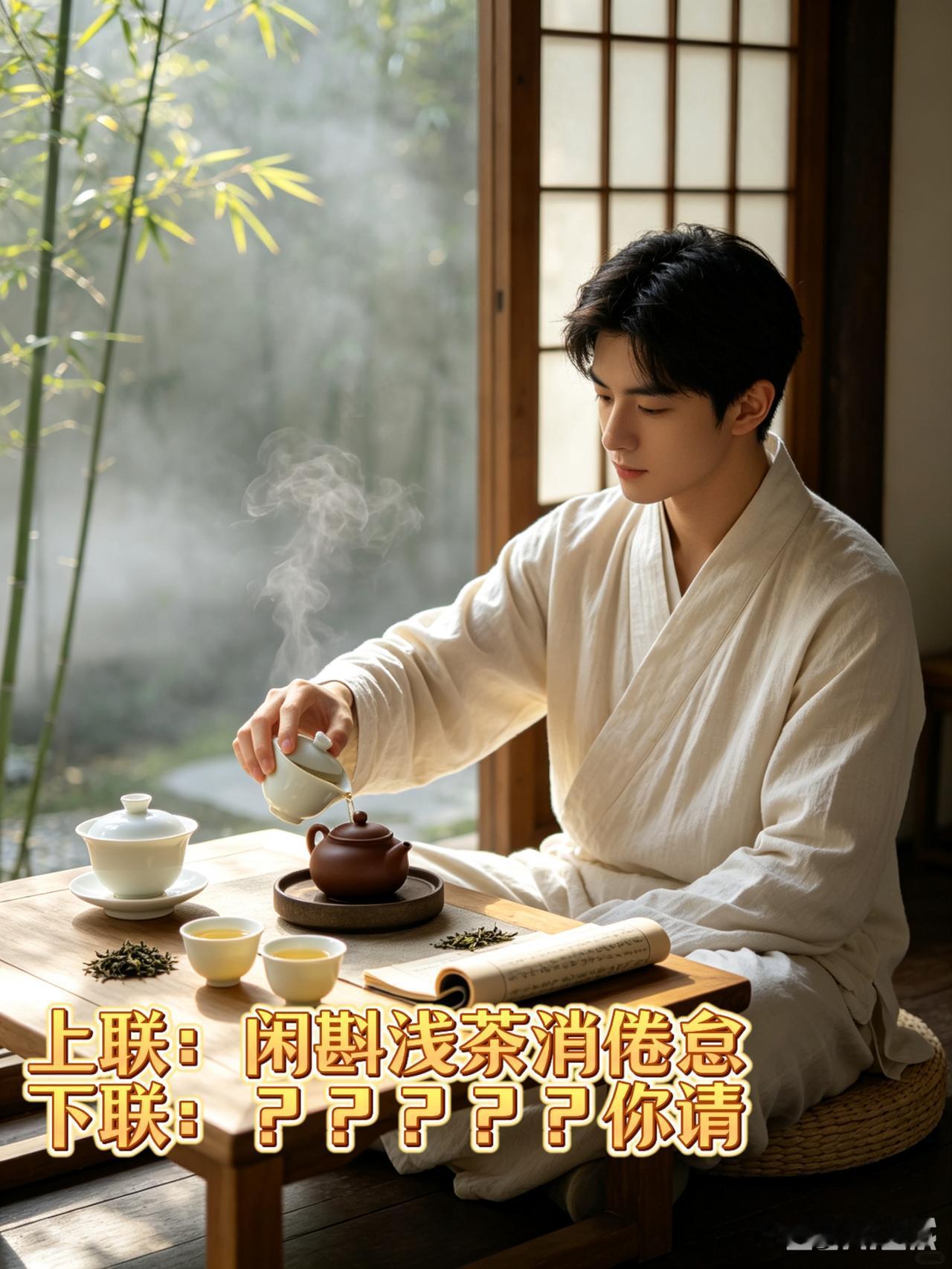 上联：闲斟浅茶消倦怠
下联：？？？？？你请

平淡的日子里，品茶之余我爱上了对对