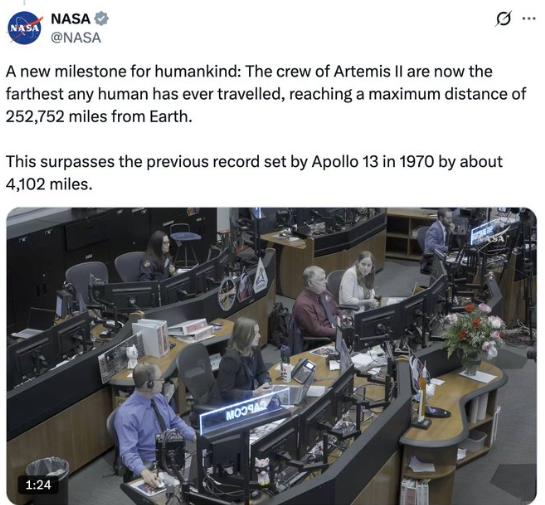 【人类的旅行距离比以往任何时候都更远：打破了1970年的纪录。】 “阿尔忒弥斯二