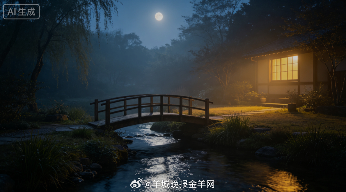 #晚安# 清柔月光洒在溪边小木桥，溪水泛着细碎银光，岸边草木安安静静。独自倚在桥