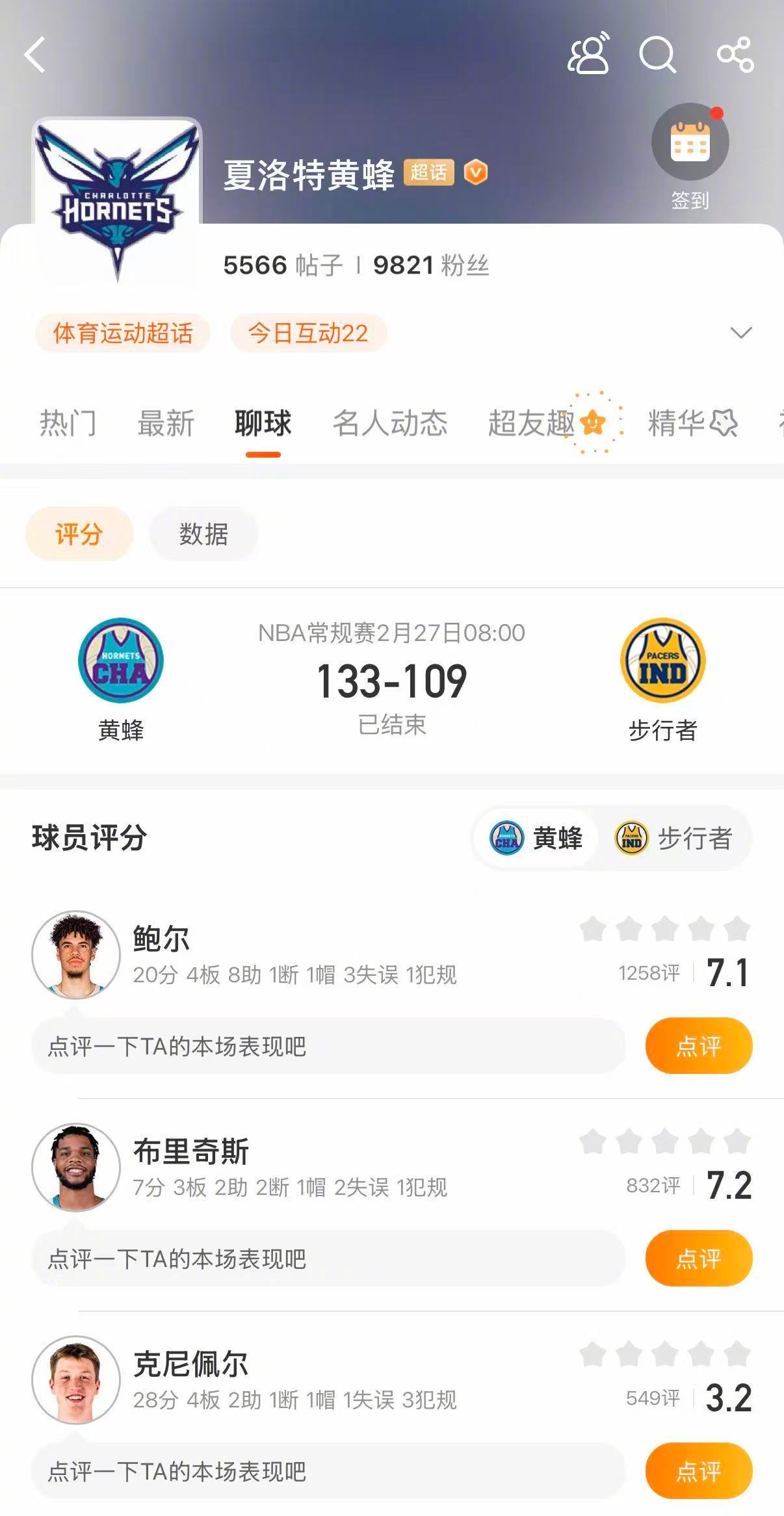 黄蜂战胜步行者 黄蜂133-109战胜步行者。米勒33分，克努佩尔28分，鲍尔2