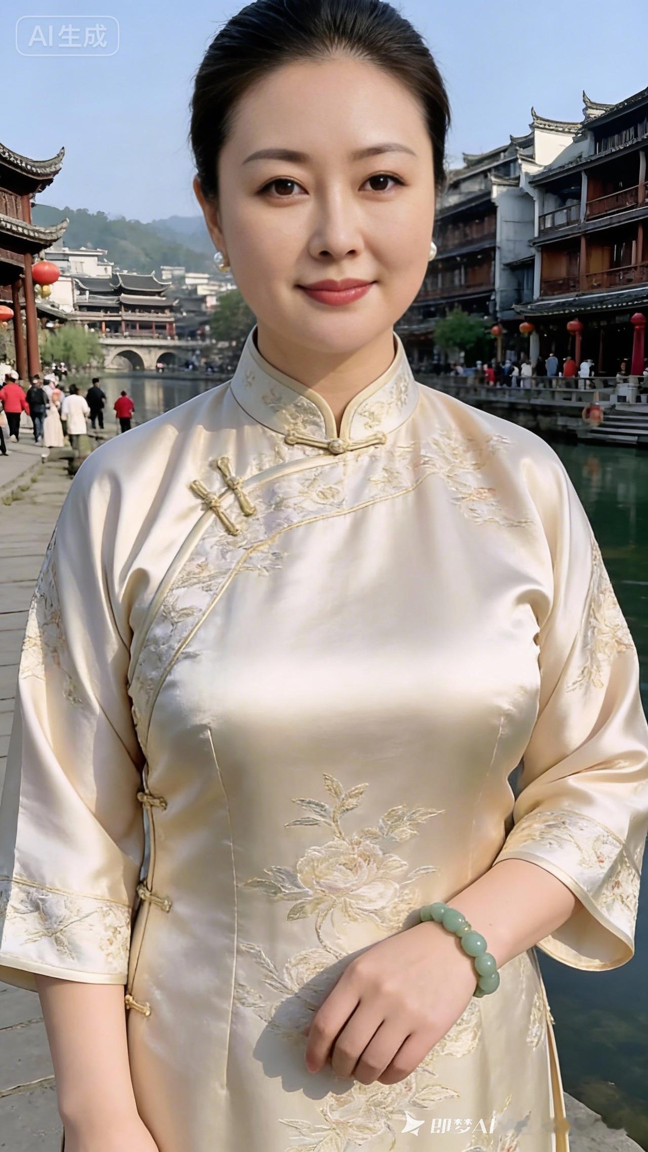 古风美人漫步古镇，传统服饰与现代背景的完美融合。