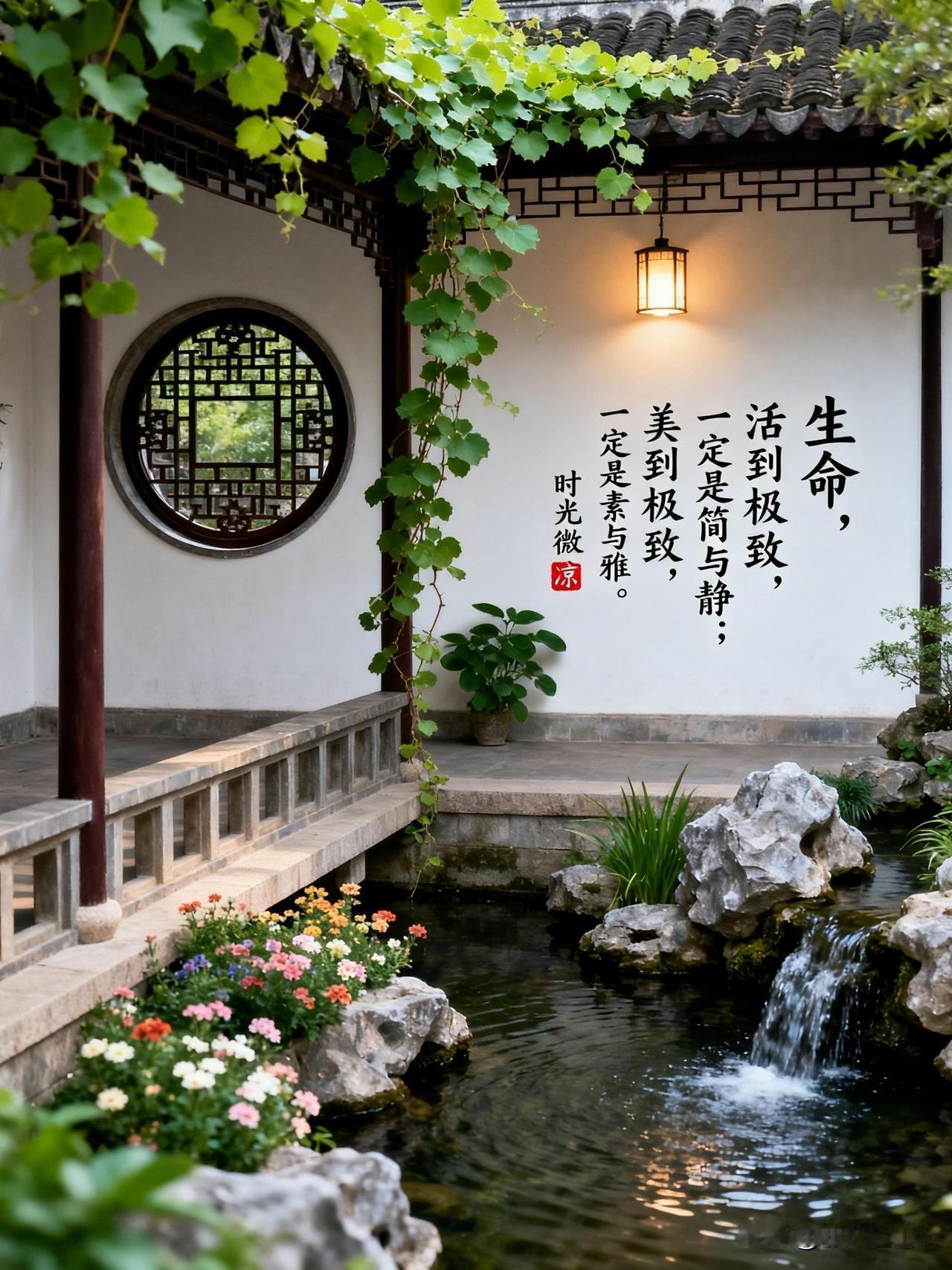 闲庭记
 
白墙黛瓦映天光，
几缕藤萝绕画梁。
月洞窗含新翠色，
石泉流带晚来凉