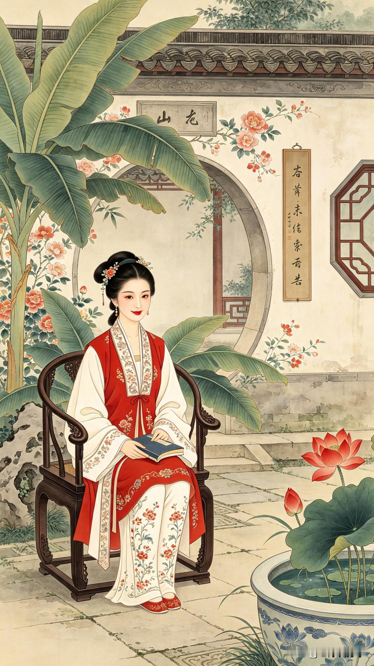 鹧鸪天·庭院书香

翠叶芭蕉护粉墙，红妆端坐意从容。
手中书卷藏锦绣，眼底春风映
