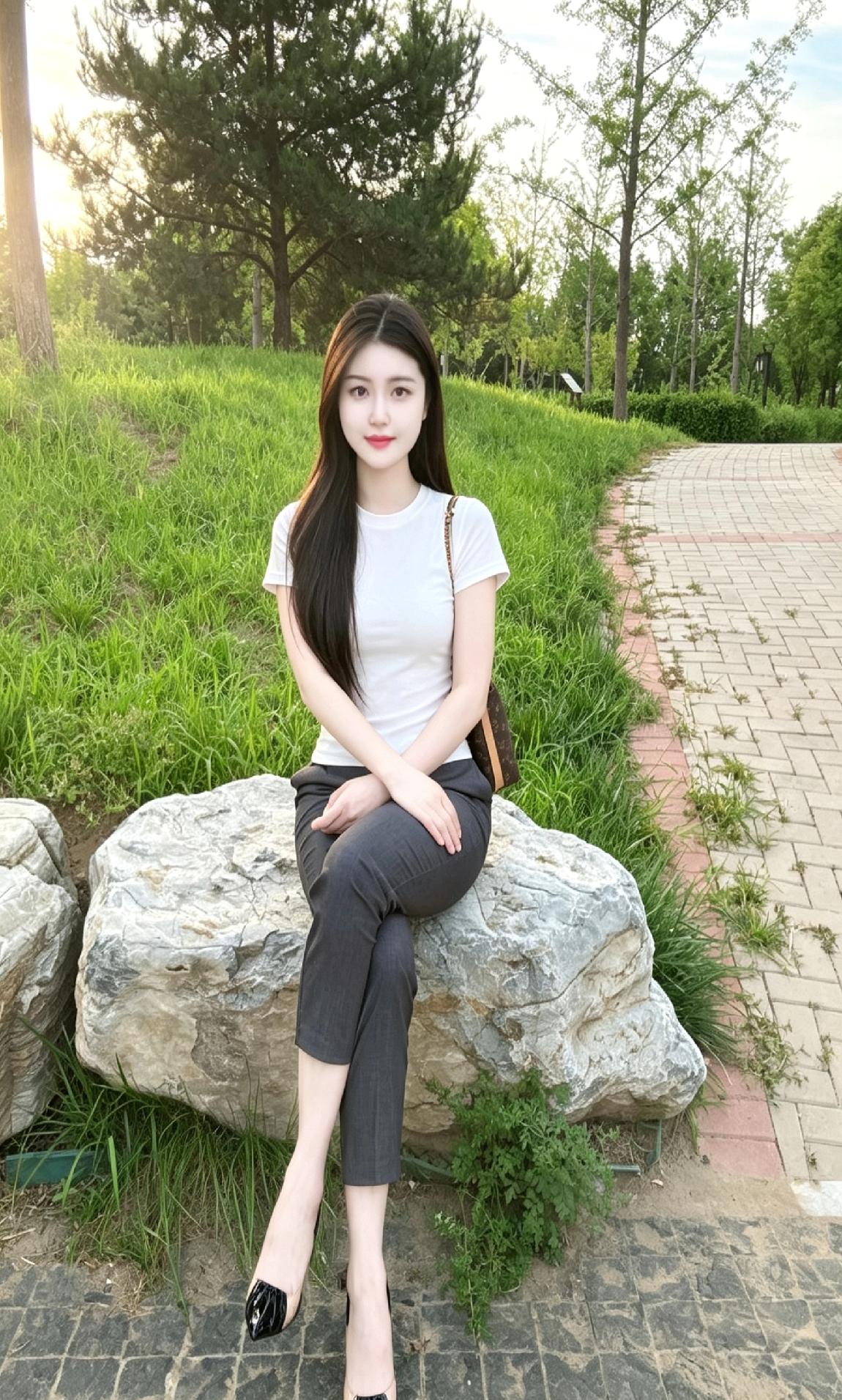 阳光下的休闲时光，白色T恤搭配灰色裤子，脚踩黑色高跟鞋，享受自然的美景。