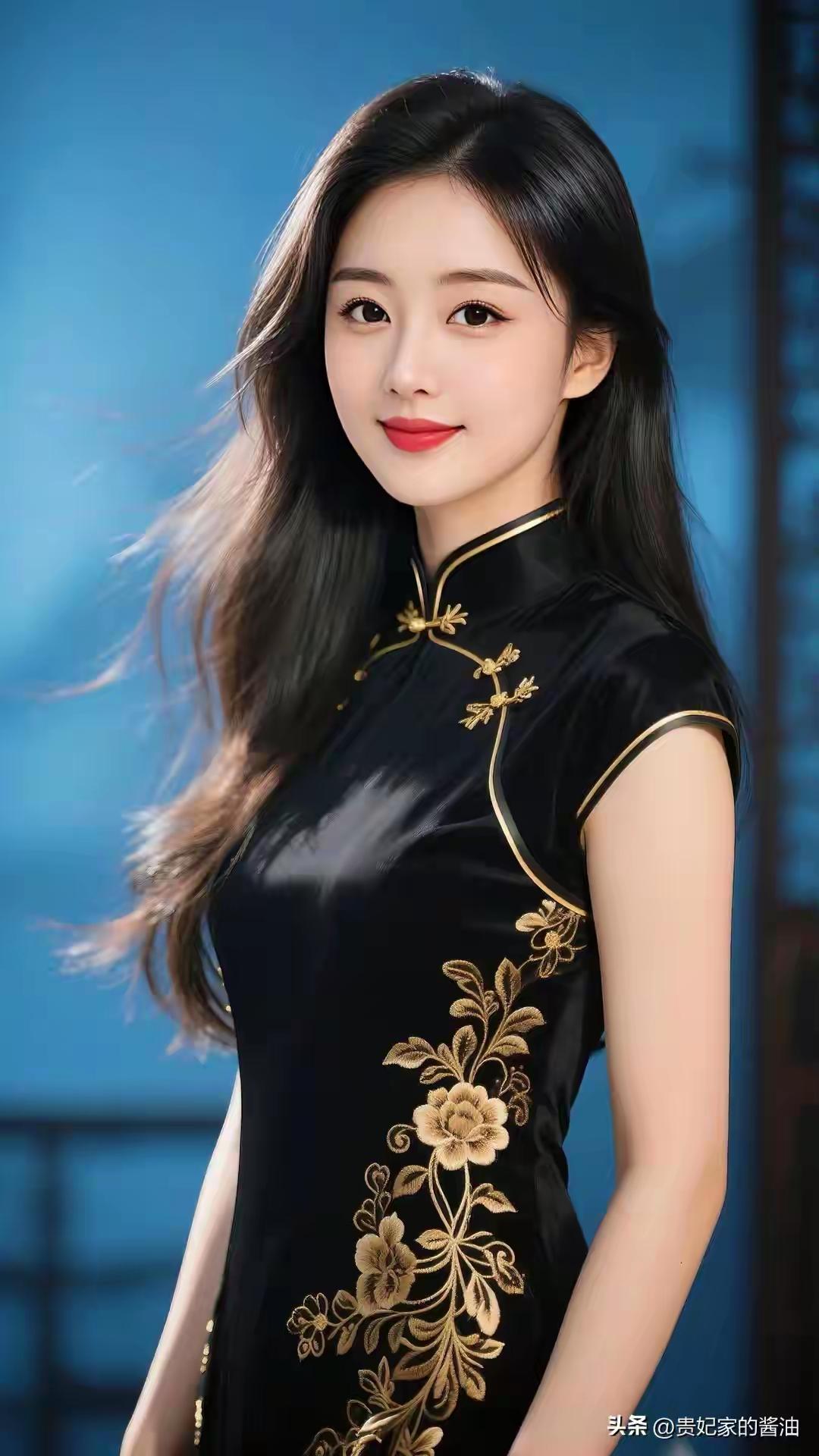 不得不说，旗袍就是有种独特韵味，冯提莫的旗袍写真就是最好的证明。她穿深蓝色海浪纹