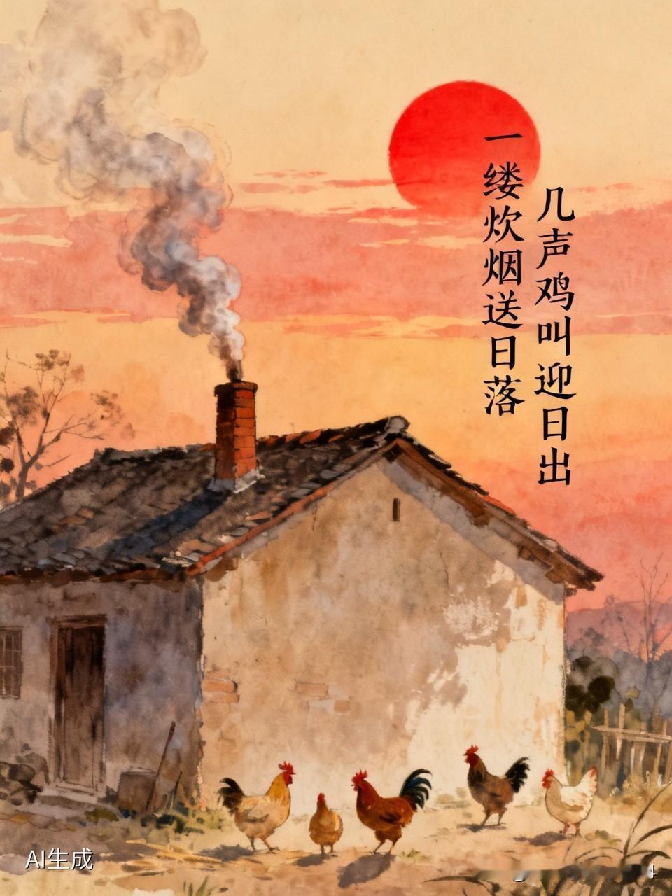 一缕炊烟送日落，求下联
几声鸡叫迎日出！