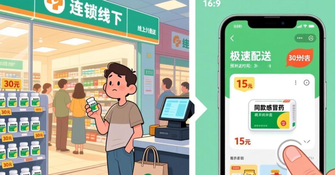 到某知名连锁药店，买了一盒药花了56元。一模一样的药，某电商平台同一家药店卖的价