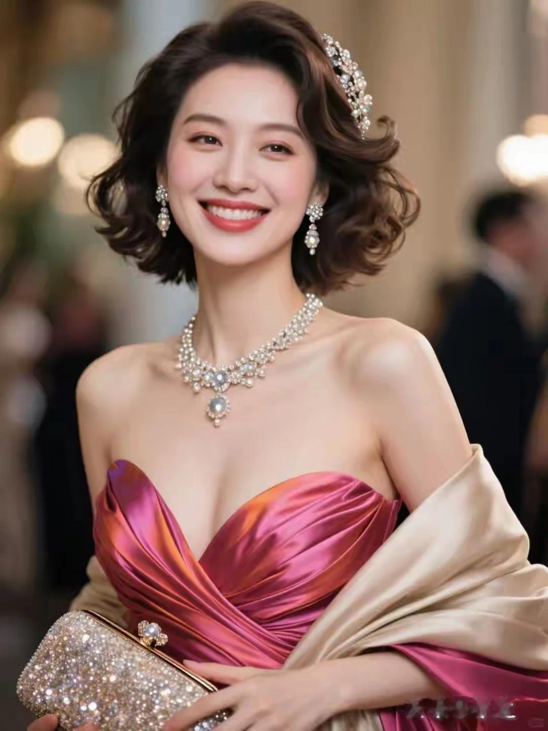 嫣然一笑百媚生。
恰是春风拂柳轻。
眉是春山寒远黛 ，
眸若秋水映繁星。