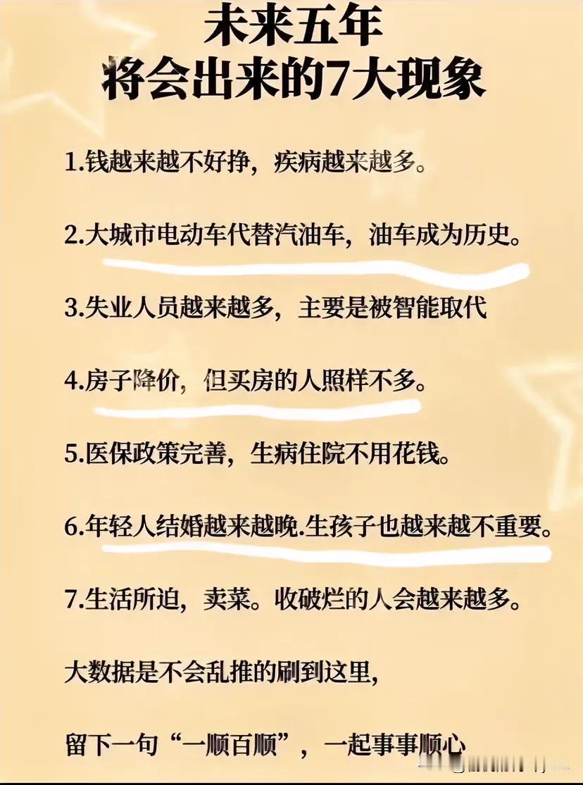 未来五年
将会出来的7大现象
1钱越来越不好挣，疾病越来越多。
2.大城市电动车