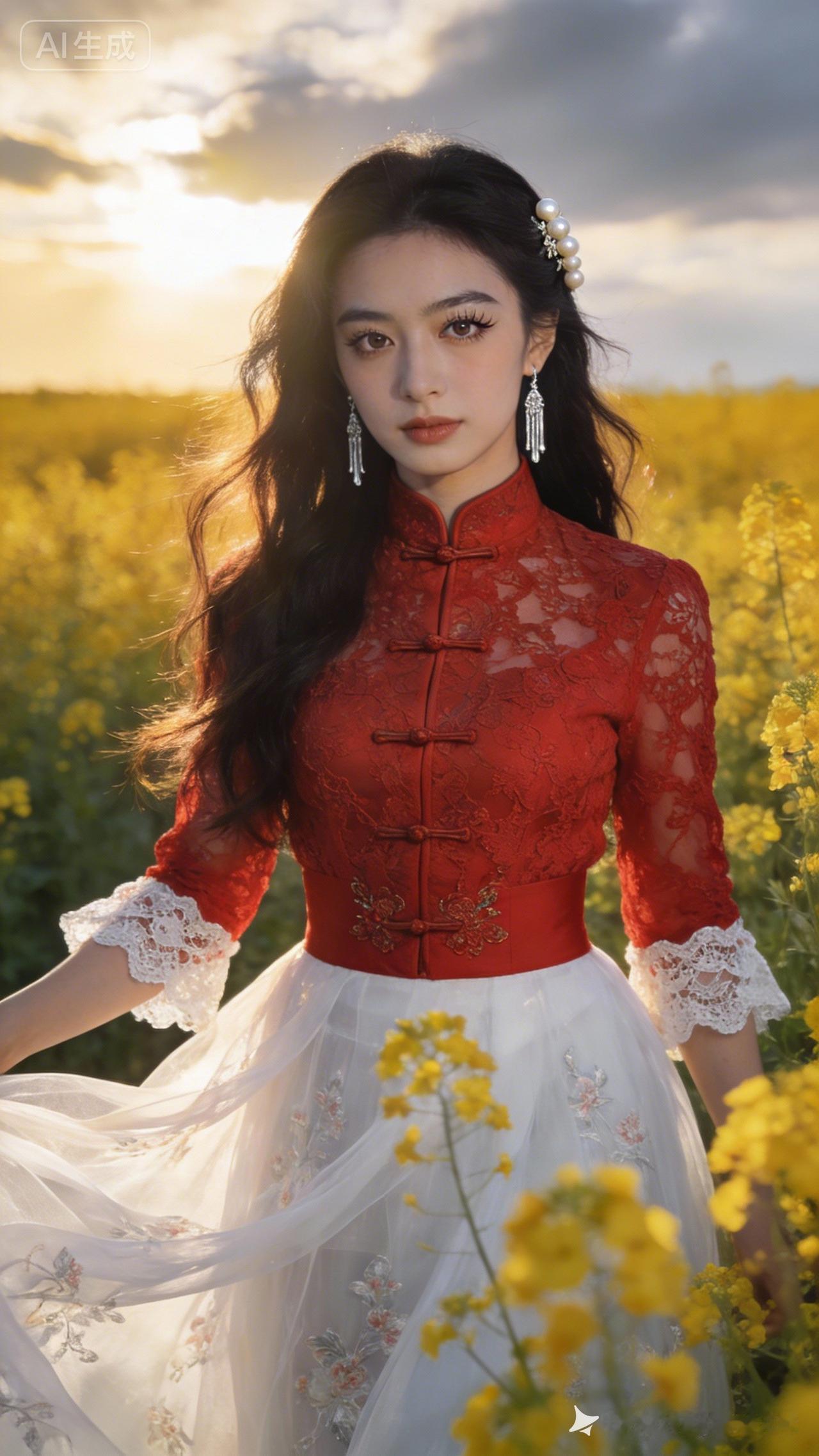 梦幻花海中的东方美人，红衣飘逸，尽显古典韵味。