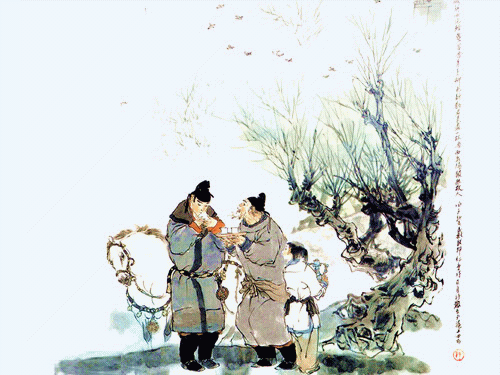 渭城曲     王维

渭城朝雨浥轻尘，客舍青青柳色新。
劝君更尽一杯酒，西出阳