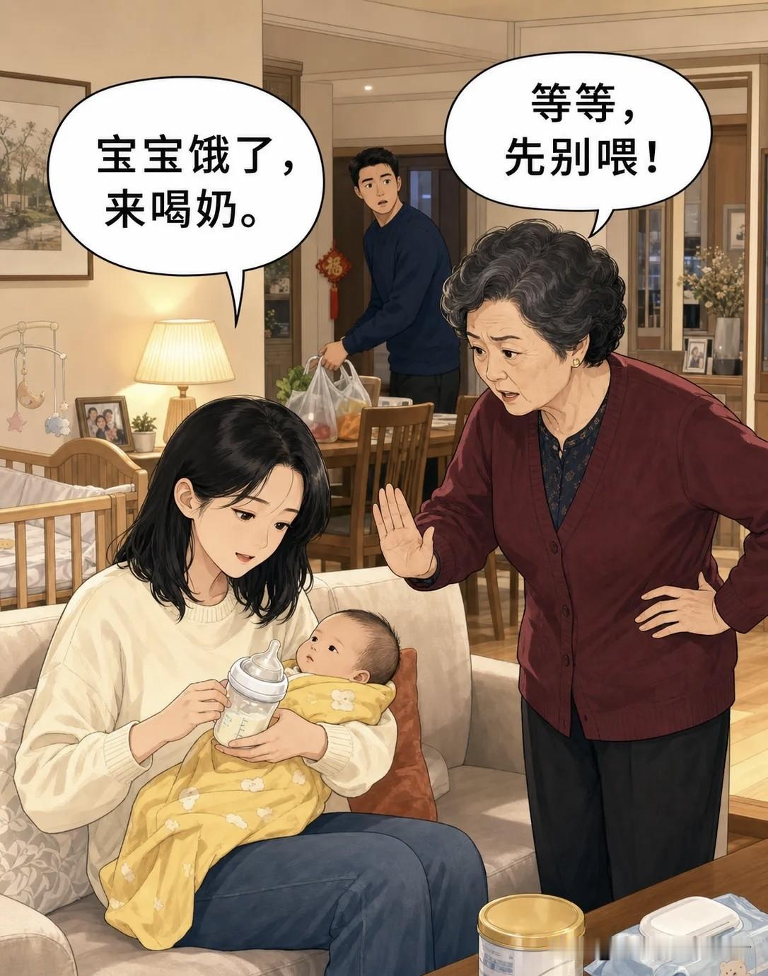 趣味漫画：儿媳抱着孩子准备喂奶。 婆婆：“等等，先别喂！”婆婆一把拿走奶瓶，儿媳
