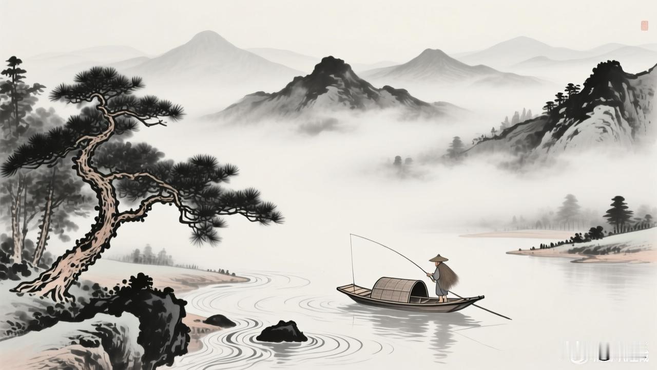 远山云雾绕，孤舟钓春秋。