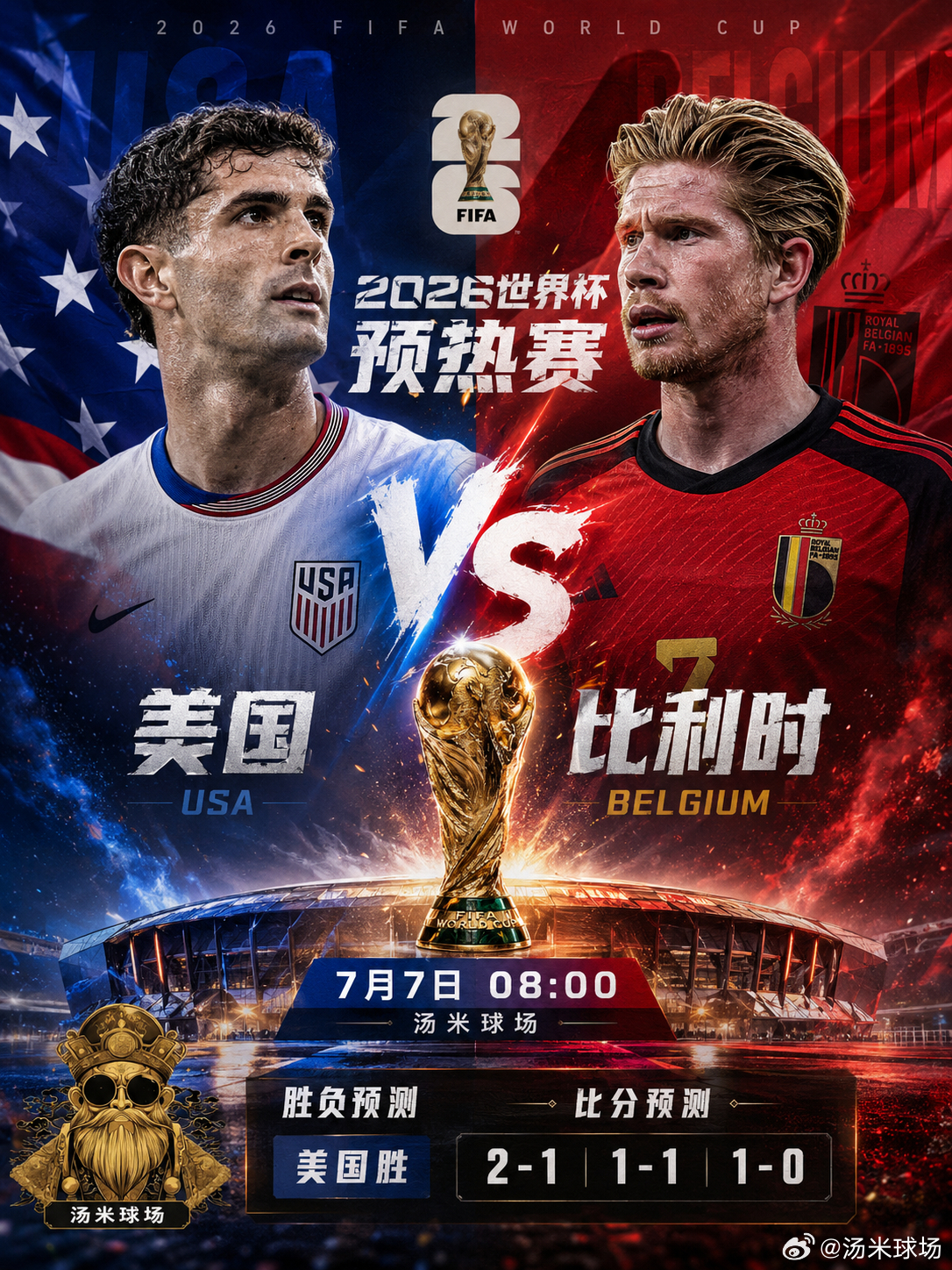 晚上好，兄弟们，汤米继续给大家分享明天另一场焦点战！——美国vs比利时世界杯淘汰