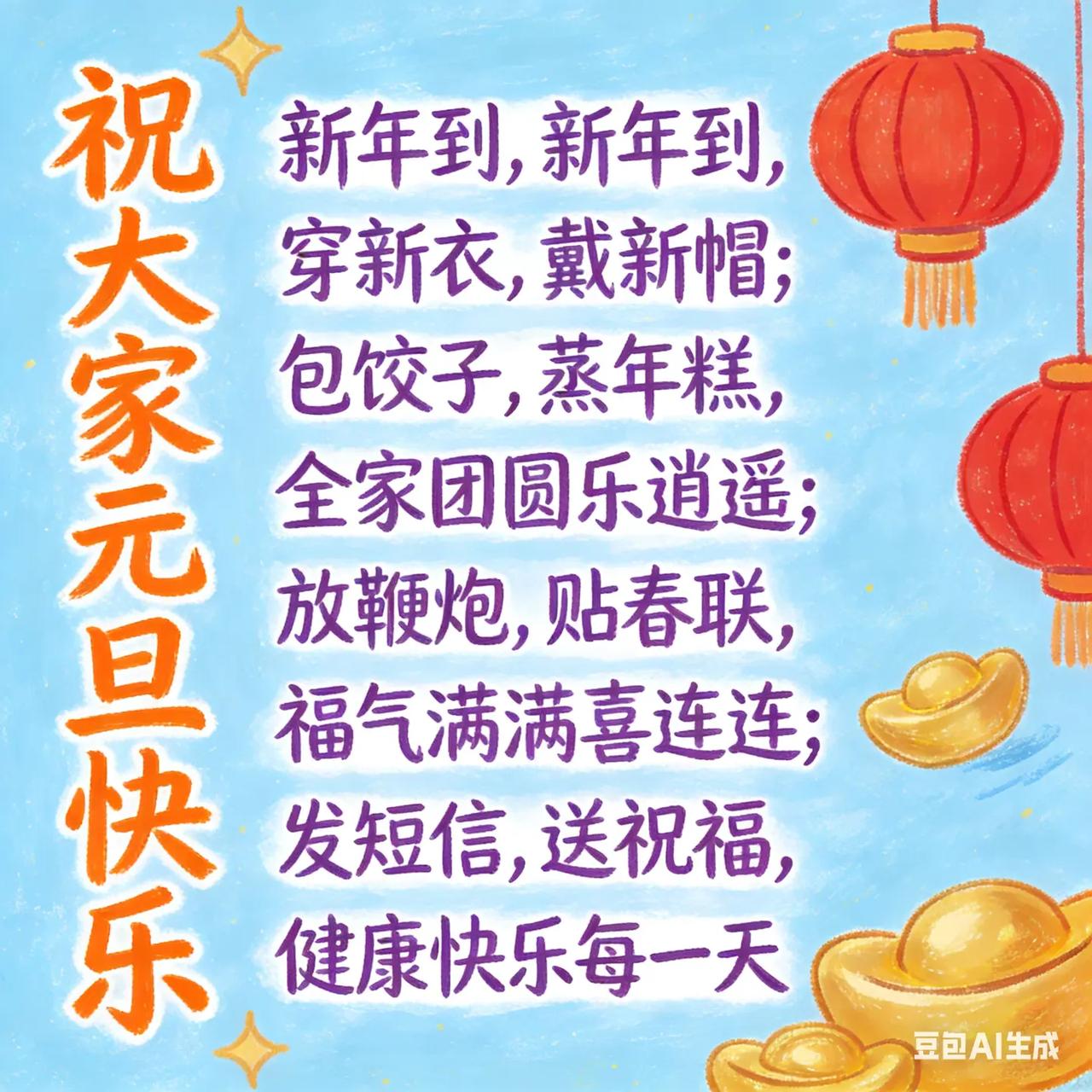 元旦快乐。1. 元旦到，真热闹，张灯结彩氛围好，三餐有味睡得饱，一年更比一年好！