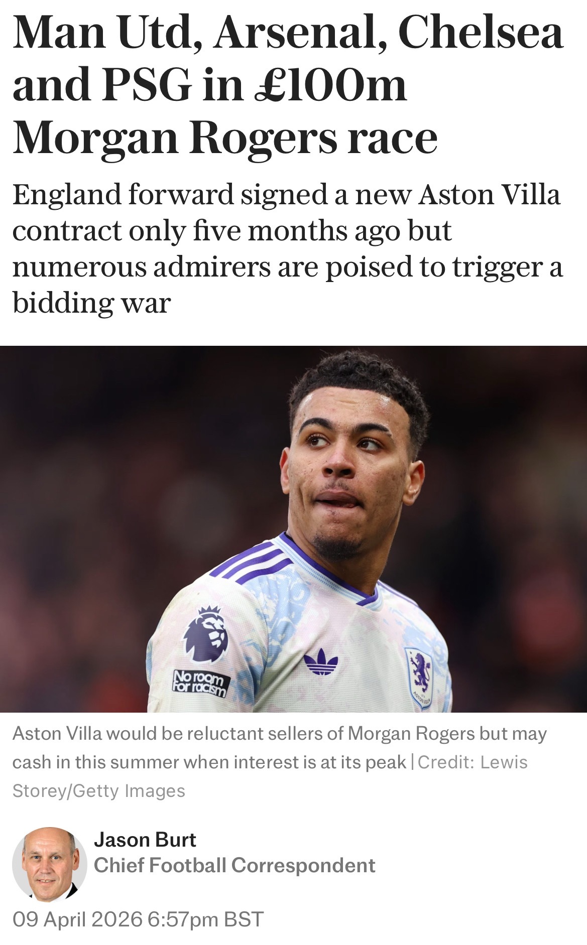 电讯报首席Jason Burt：曼联、阿森纳、切尔西和巴黎圣日耳曼加入摩根·罗杰