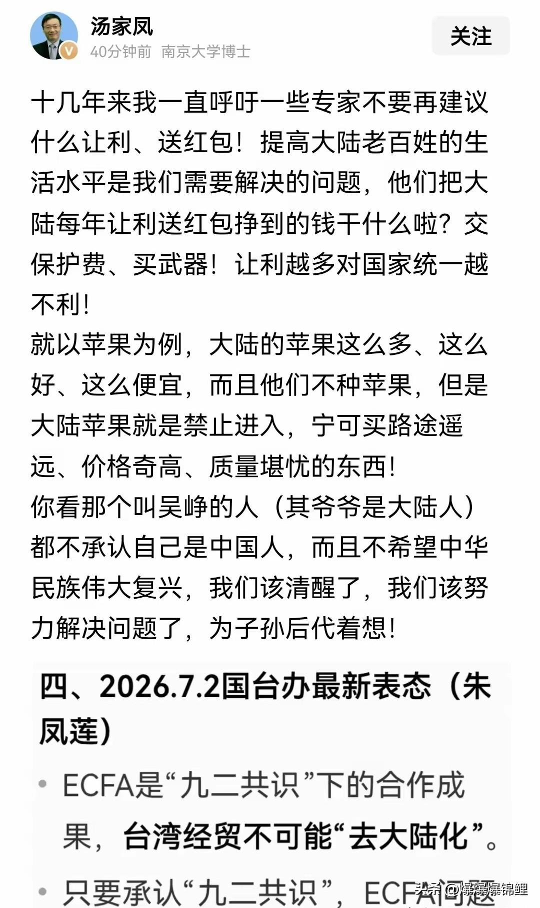 汤家凤教授指出：我们对台商的税收减免和额外收入，多少变成了他们购买美国武器的军费