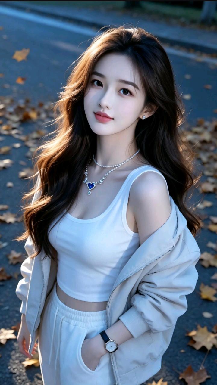 这个女孩穿着白色运动服，在落叶路上拍照。女孩子如何穿搭既时尚又美观？ 自然系拍照