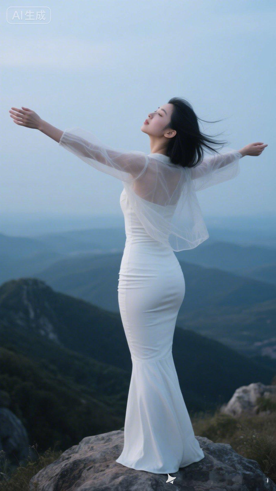 真人实拍，女孩背向镜头，张开双臂仰头迎风，薄纱上身衬白色鱼尾包臀裙，葫芦型S身材