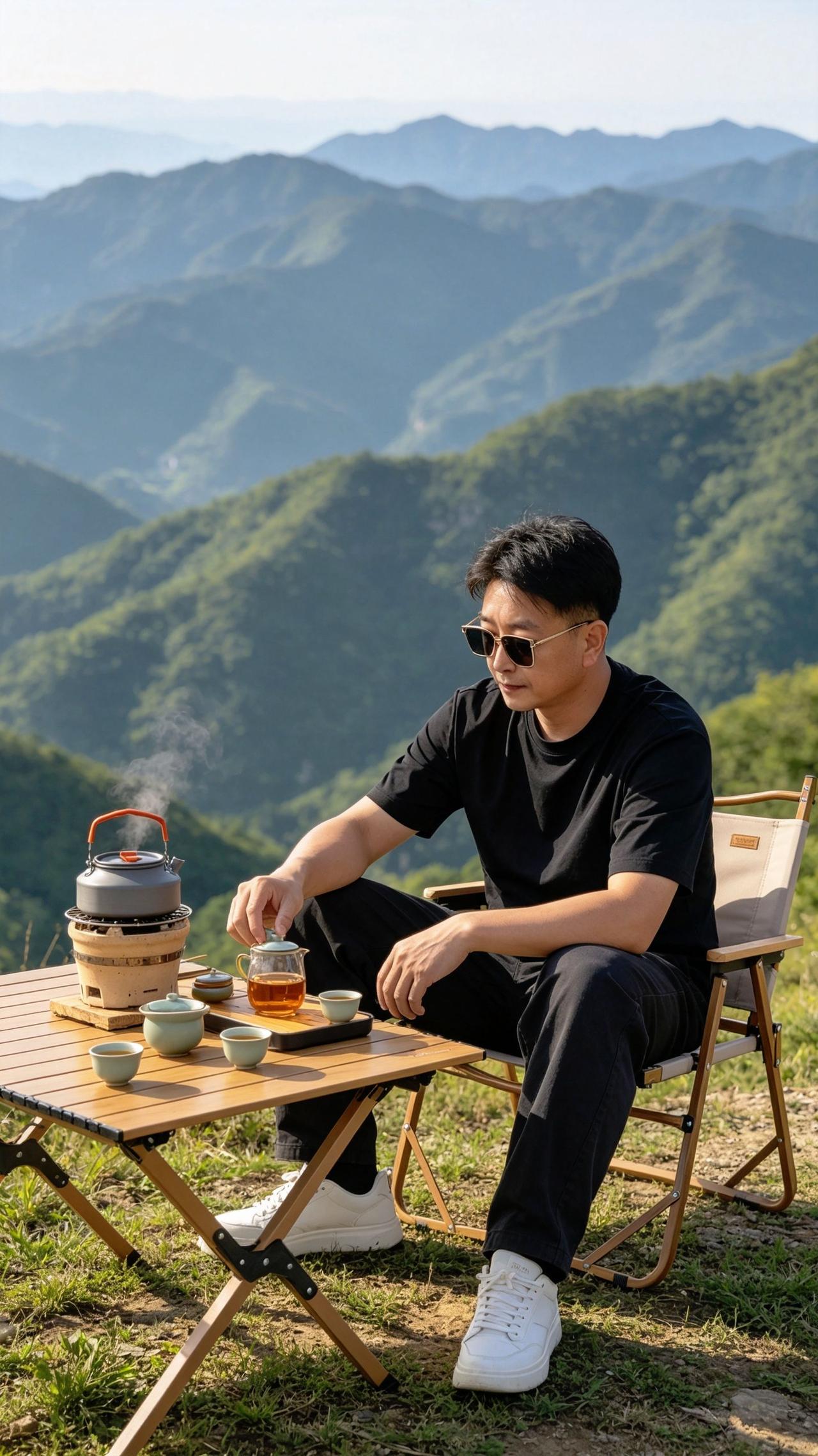 AI山顶煮茶风 看山喝茶的惬意 一方茶桌，是生活，也是心境  抖音ai创作