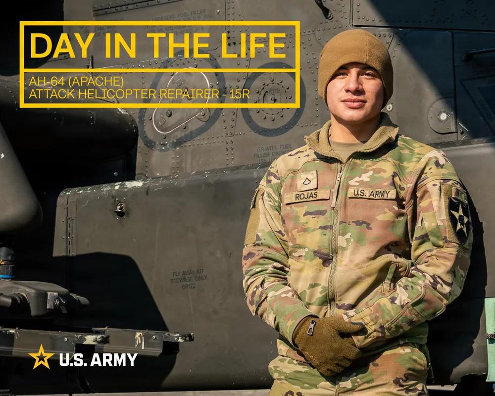 美国陆军一等兵罗兰多·罗哈斯在韩美联合师第二步兵师第二战斗航空旅第四营德尔塔连担