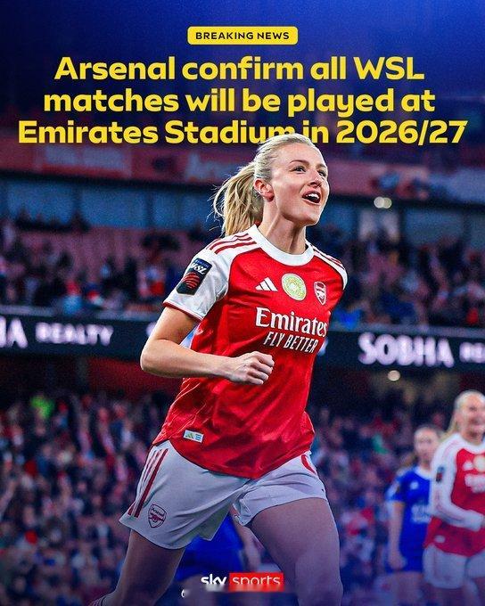阿森纳女足确认，2026/27赛季全部13场英女超主场比赛均将在酋长球场进行，枪
