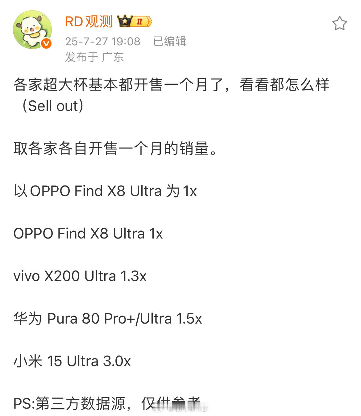 各家Ultra开售一个月的成绩，小米15Ultra这个成绩怎么样[喵喵] ​​​