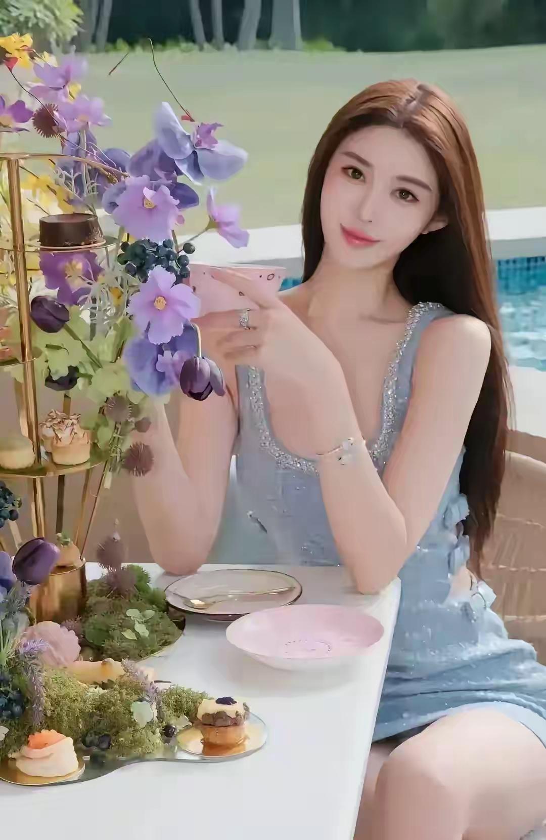 夏日泳池边，优雅下午茶时光🌞🍰🌸