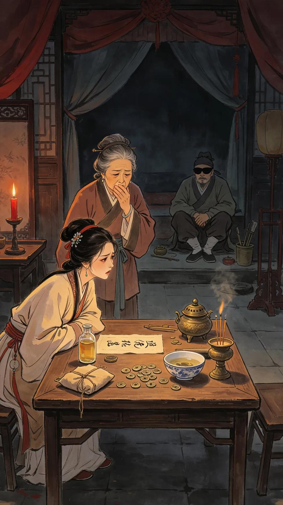 潘金莲因受了西门庆外面的情妇李桂的“巫术”，这几天头疼恶心，饮食不进。
主母吴月