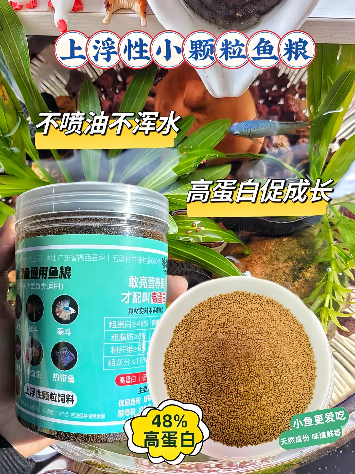 哥哥们，这款小型鱼鱼粮不喷油不浑水，48%高蛋白，小鱼嘎嘎爱吃