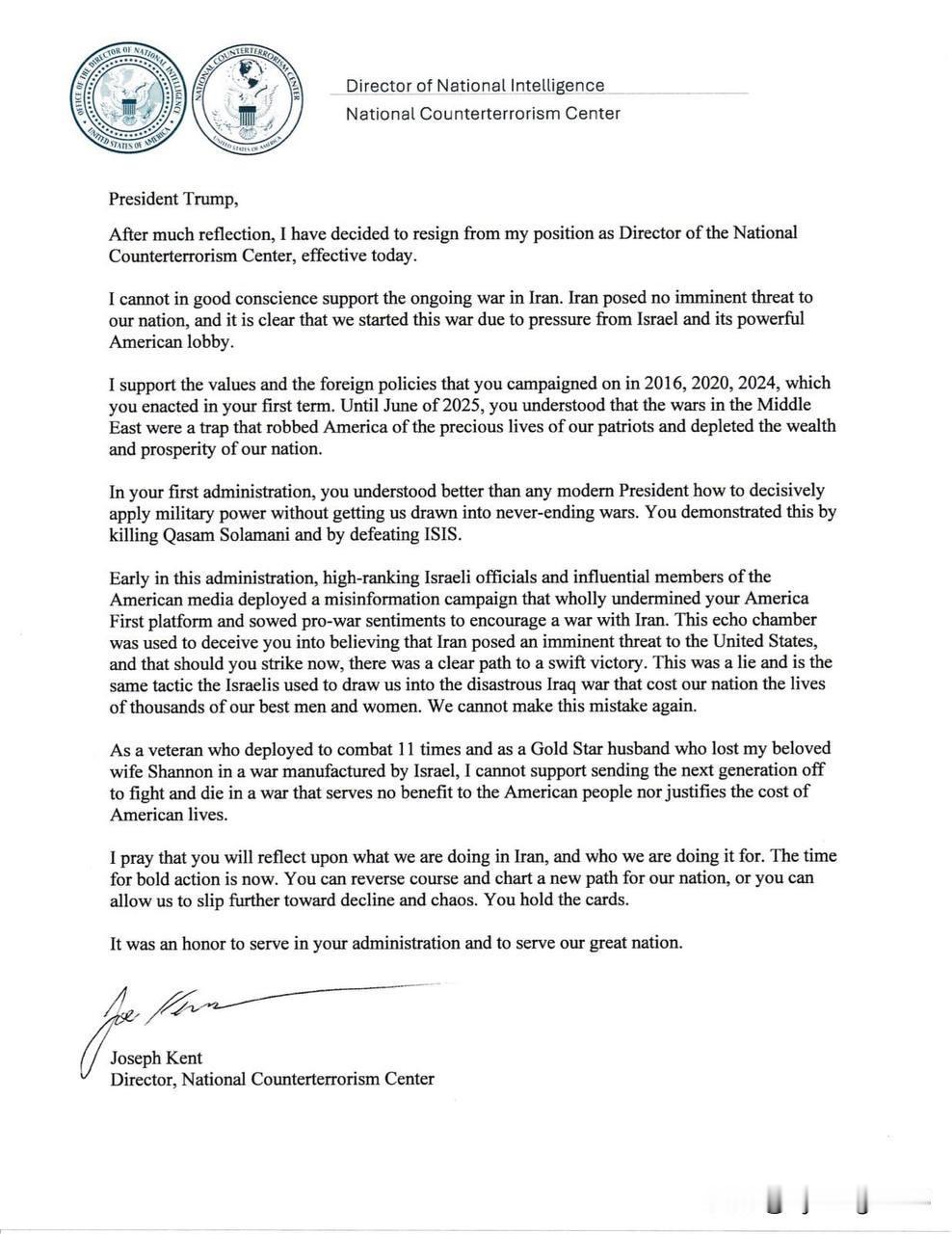 🇺🇸美国国家反恐中心主任乔·肯特（Joe Kent）的辞职，是一件备受关注的