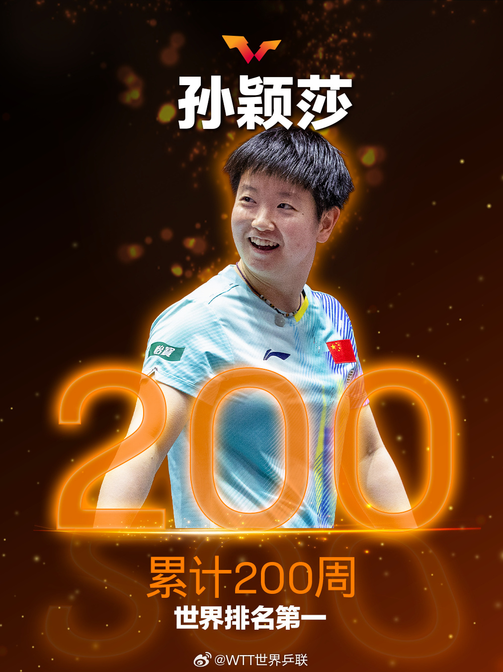 WTT发孙颖莎世一海报 乒乓球发布孙颖莎解锁纪录海报——恭喜孙颖莎达成累计2️⃣