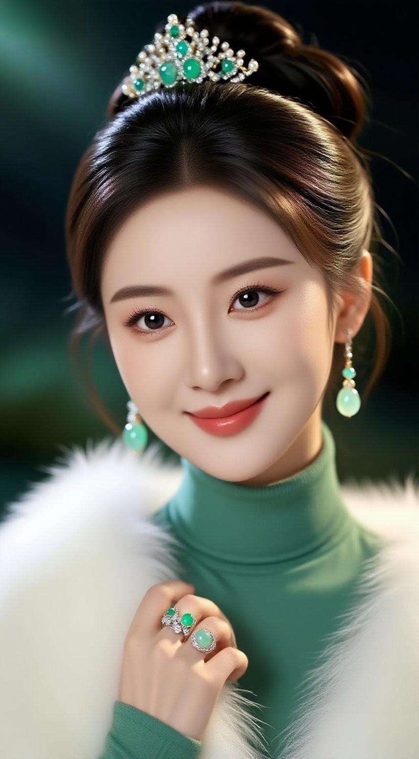 优雅绿宝石，闪耀的珠宝，精致的妆容，迷人的微笑，时尚与优雅的完美结合。