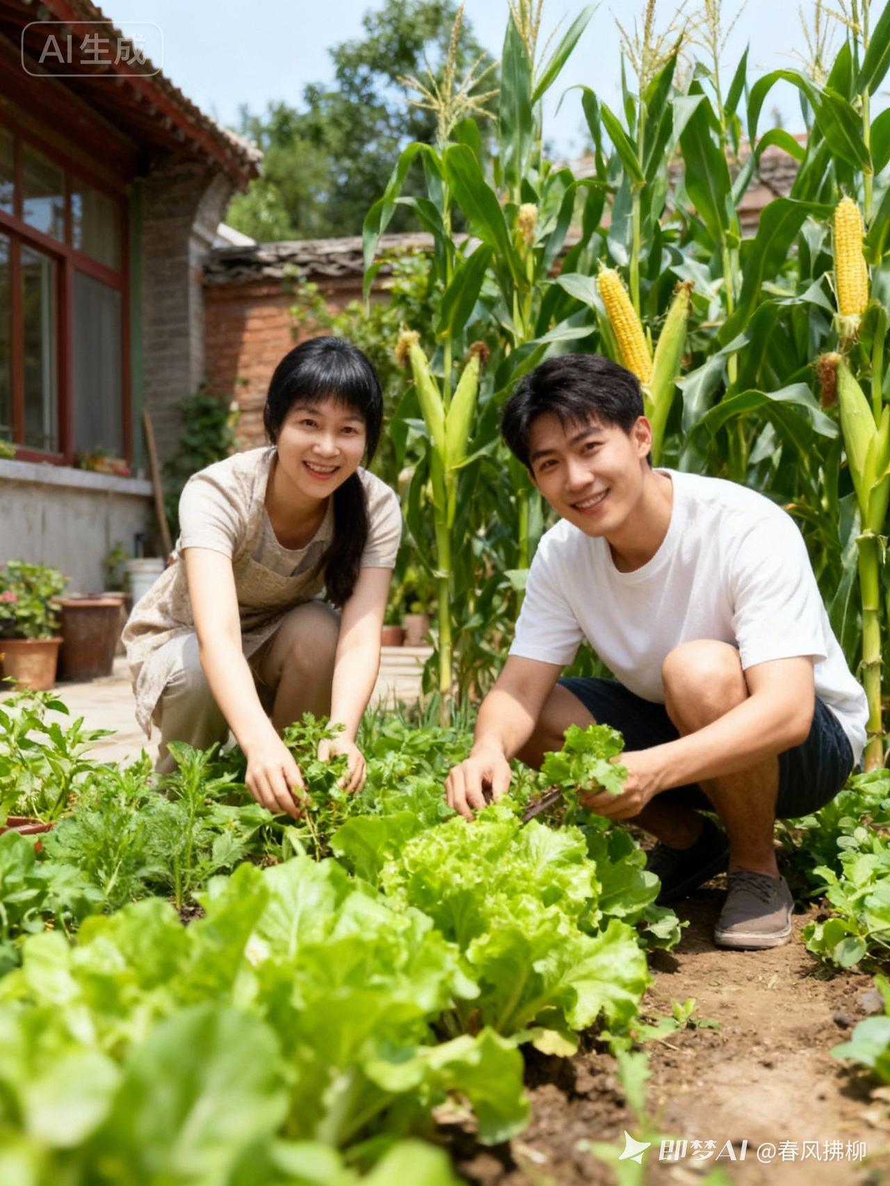 “阳光下的田园生活，与爱人一起种菜，幸福满满！”🌞🌱💕