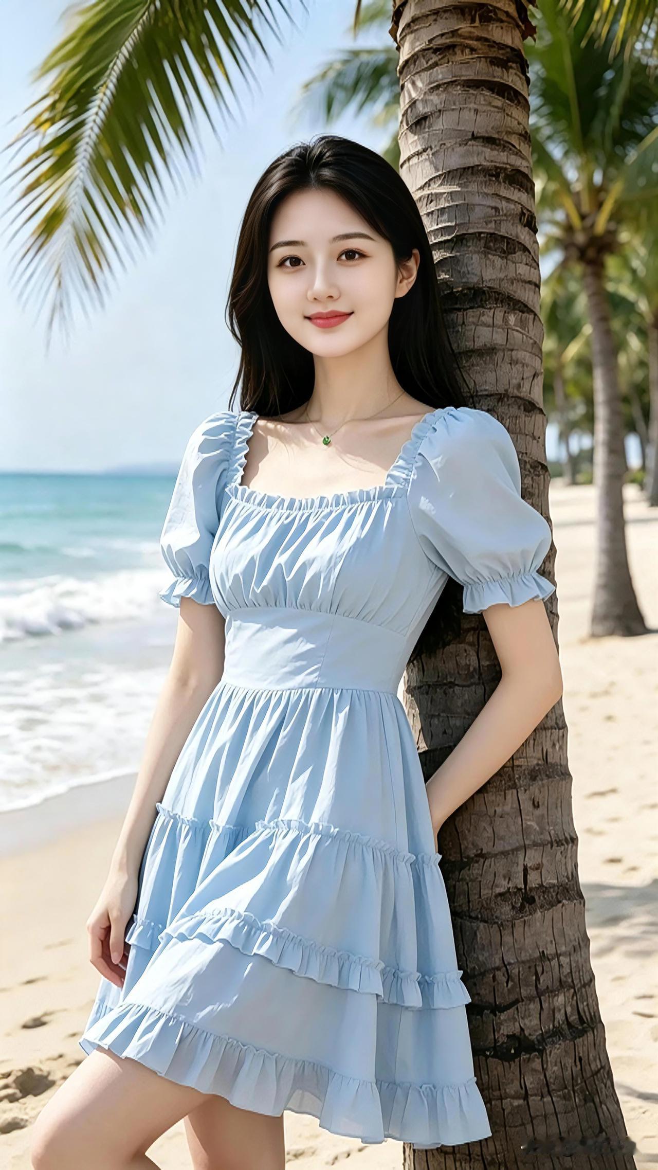 海风轻轻拂过沙滩，一身浅蓝连衣裙清爽又温柔。置身碧海椰林，抛开生活的琐碎，享受海