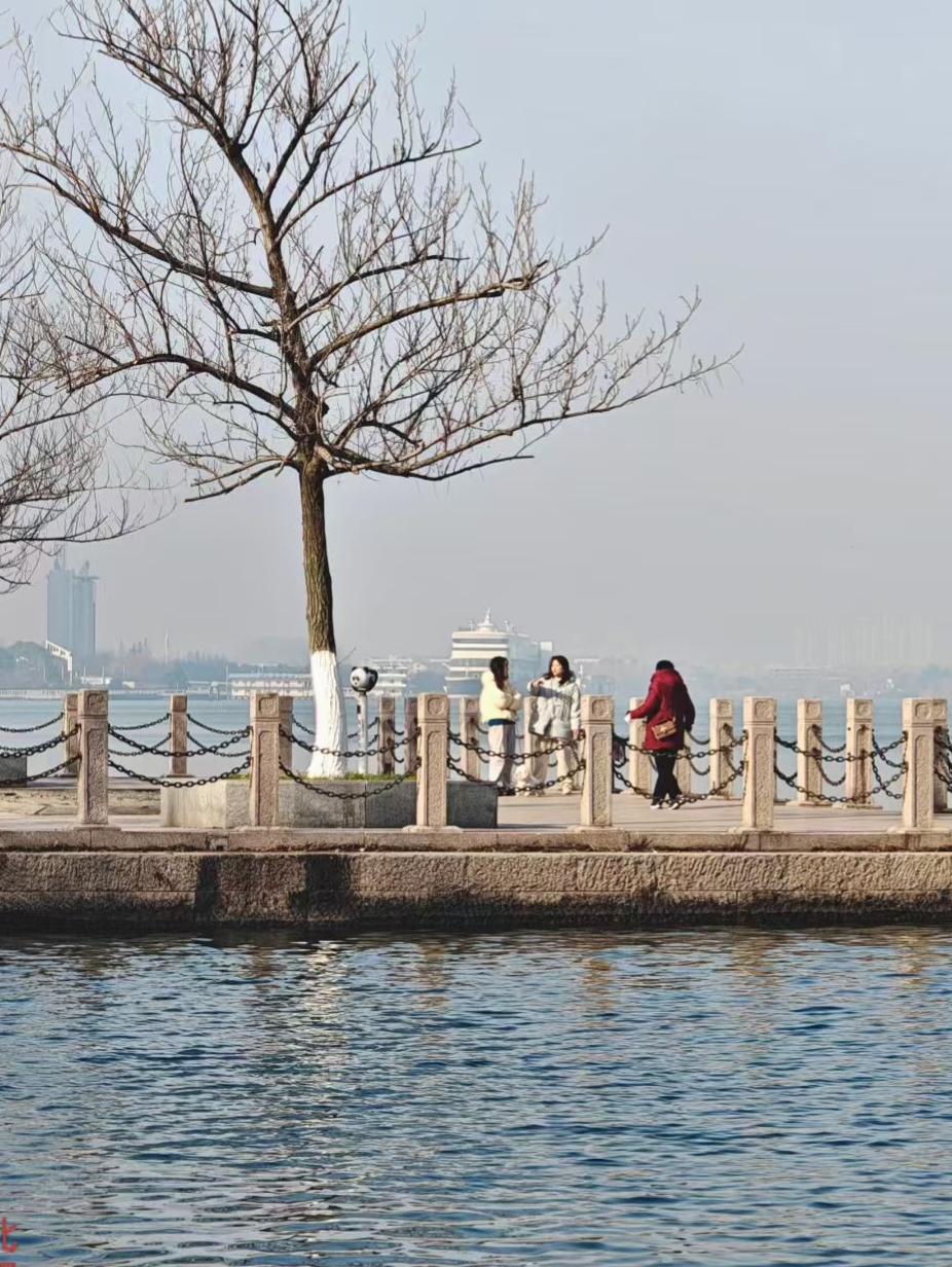 湖水把天空揉成蓝绸，枯树站成岸边的诗，行人走过，便与这帧静谧的冬共享温柔。
🍂