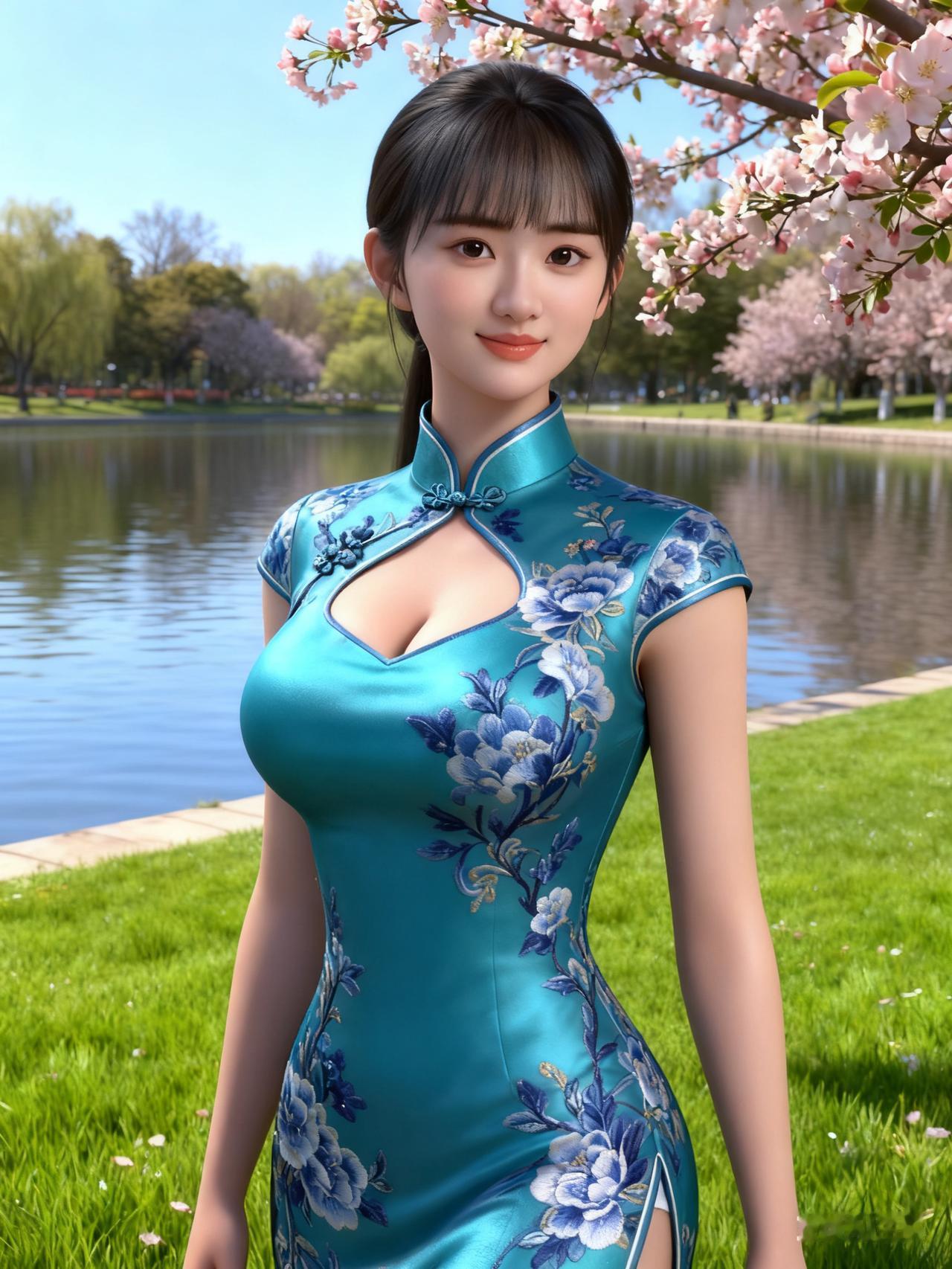 春日游园，花枝招展，青花瓷旗袍，美不胜收。